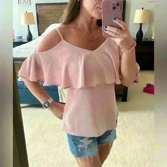 Pink Open Shoulder Flowy Shirt - Picture 1 of 4
